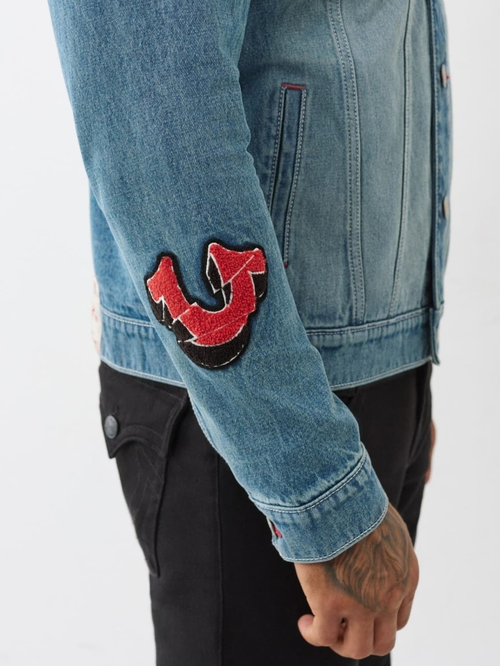 True Religion Light Blue Denim Jacket with Patch Accents - Picture 2 of 4